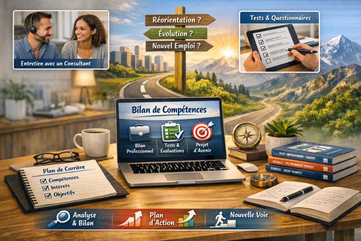  formation “Bilan de compétences” Elle évoque la réflexion professionnelle et l’évolution personnelle : un bureau clair avec un ordinateur affichant les étapes du bilan, des carnets de notes, un panneau directionnel symbolisant les choix de carrière, et des éléments de coaching et d’analyse.