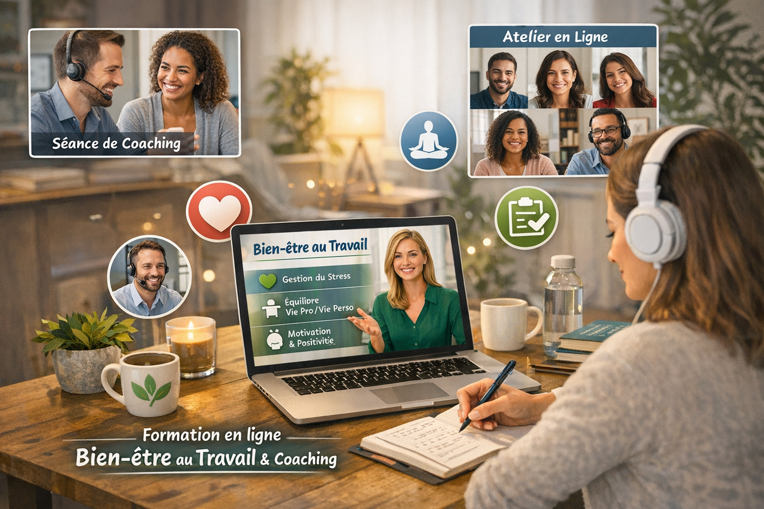 une image qui represente des formations en ligne / en distanciel sur le bien être au travail. Formations accompagnées de séances de coaching